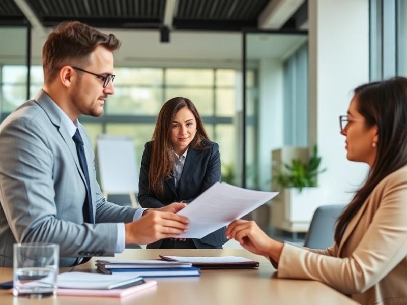 An attorney reviewing documents with clients in a bright office