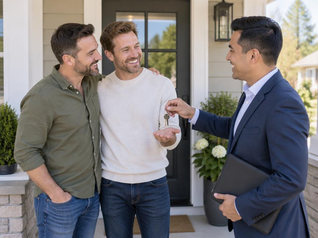 A real estate agent handing house keys to a couple on the porch of a home
