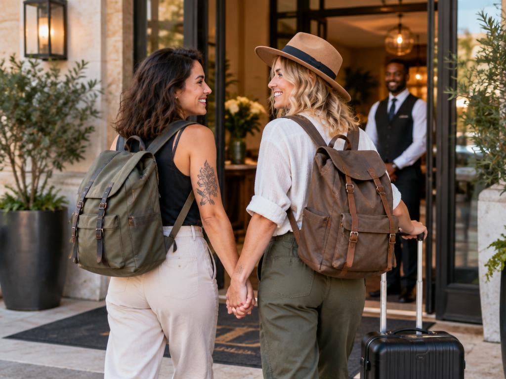 Two travelers with backpacks arriving at a boutique inn